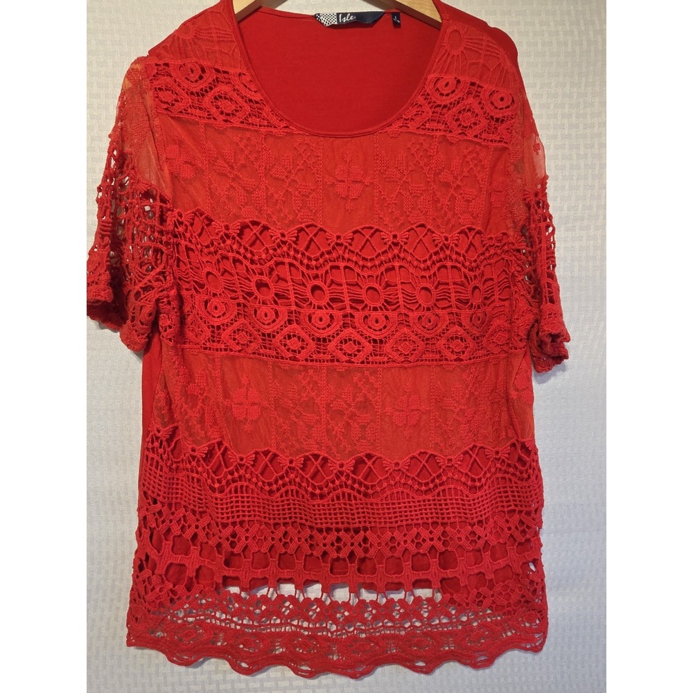Isle Red Lace Crochet Overlay Short Sleeve Top L 18-20 Elegant Lined Tunic .....